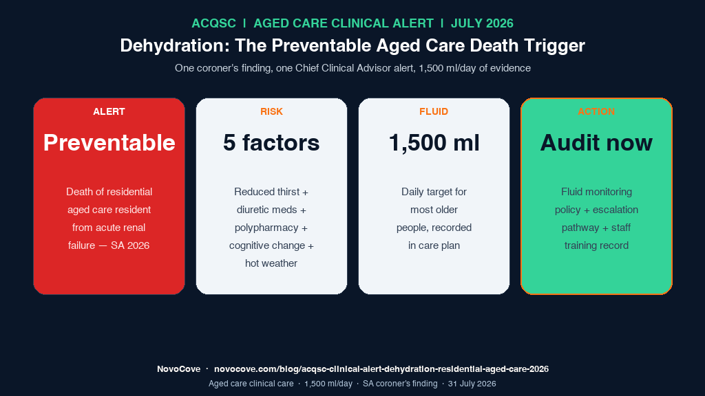 Infographic for the ACQSC Clinical Alert on dehydration in residential aged care 2026: ALERT (preventable death, SA 2026), RISK (5 factors), FLUID (1,500 ml/day), ACTION (audit now).
