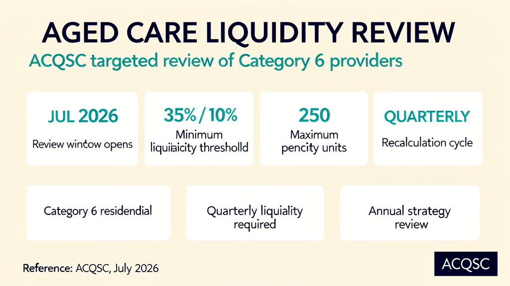 Infographic for the ACQSC Liquidity Standard targeted review of Category 6 residential aged care providers: heading AGED CARE LIQUIDITY REVIEW, sub-heading ACQSC targeted review of Category 6 providers, four stat cards JUL 2026 review window opens, 35 percent 10 percent minimum liquidity threshold, 250 maximum penalty units, QUARTERLY recalculation cycle, three info cards Category 6 residential, Quarterly liquidity required, Annual strategy review, reference ACQSC July 2026.