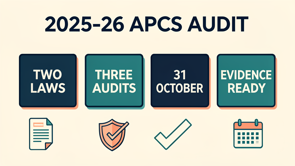 2025-26 APCS audit roadmap showing the two legal periods, three audited statements, evidence workstreams and 31 October deadline.