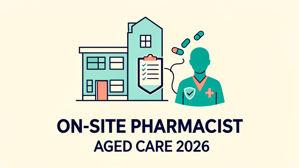 Flat-design illustration of an Australian residential aged care home, a faceless on-site pharmacist, medication capsules and a checked medication chart, with the text On-Site Pharmacist and Aged Care 2026.