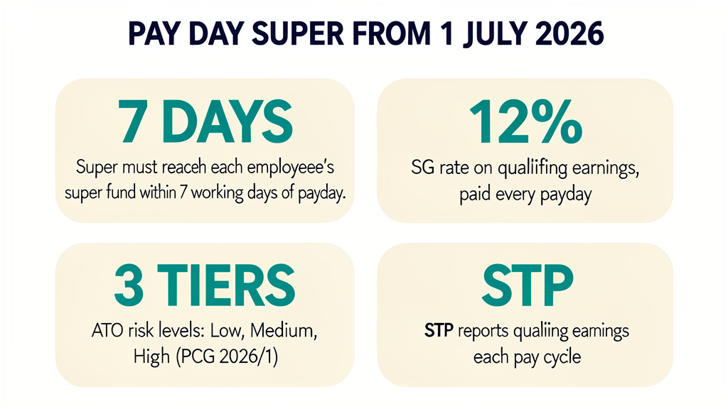 Infographic summarising the Pay Day Super reforms from 1 July 2026: 7 business days for super to land in each employee's fund, 12% SG on qualifying earnings, three ATO risk zones, and Single Touch Payroll reporting each pay cycle.